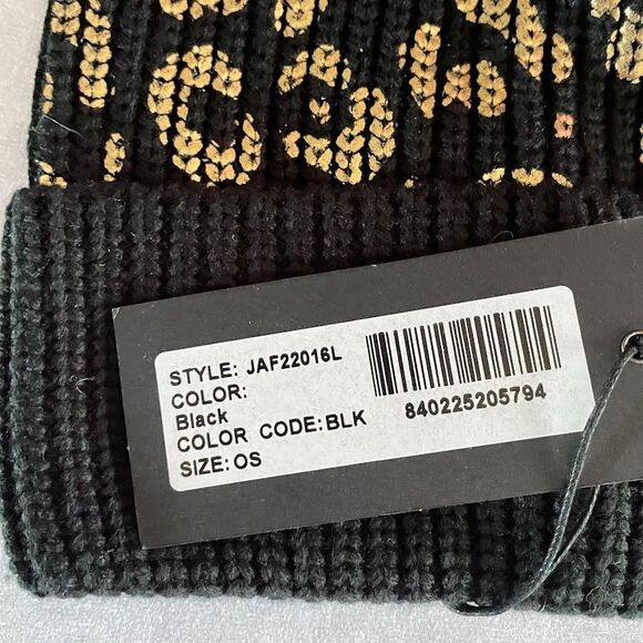 Jocelyn Black Beanie with Pompom Gold Metallic Foil Leopard Print Womens OS - Picture 7 of 8